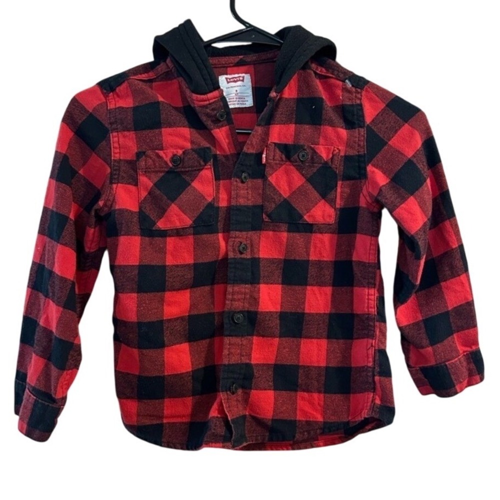 Levi's Kids Red & Black Plaid‎ Hooded Flannel Button-Up